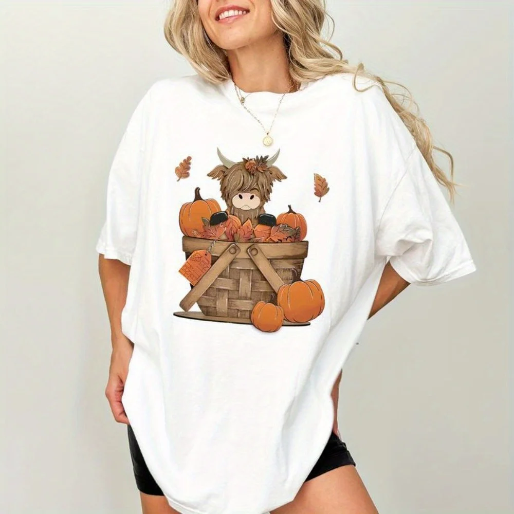 

Hay Fall Highland Cow Graphic Tees Thankful Cow Unhinged Pattern Tops for Womens Casual Shorts Sleeve Cotton Print T Shirts