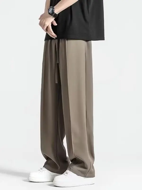 بنطلون رجالي من الحرير الجليدي على الطراز الأمريكي للربيع والصيف رقيق ومستقيم وفضفاض مقاس كبير بنطلون طويل غير رسمي من ألياف ...