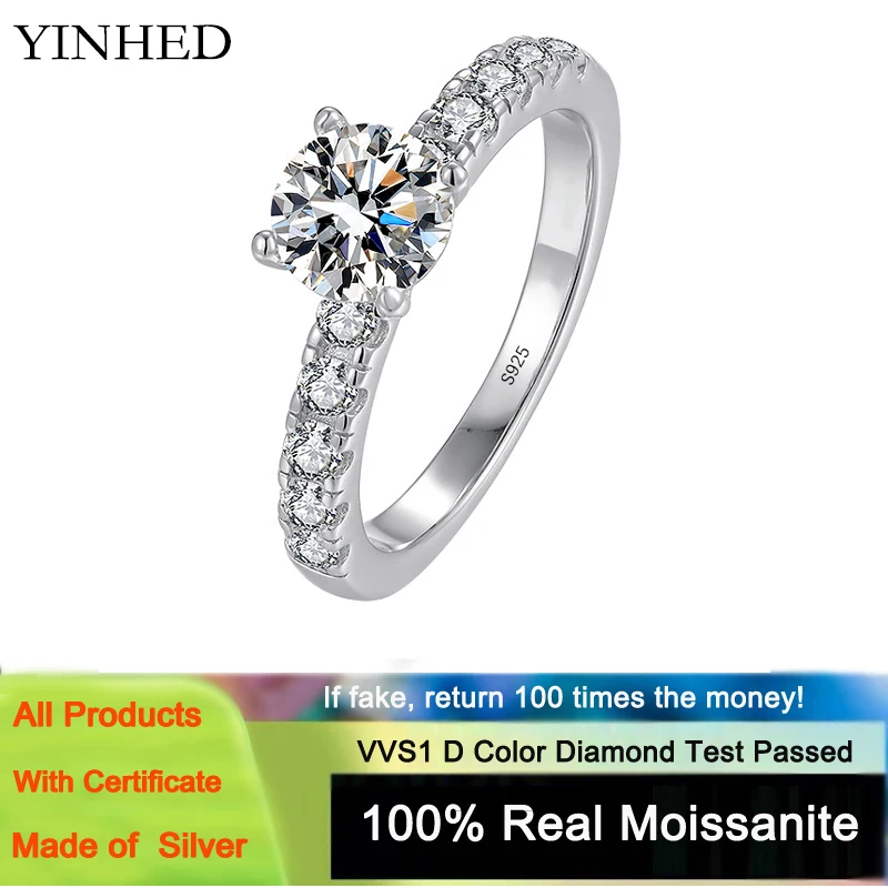 

YINHED Original Real 925 Sterling Silver 1CT Moissanite Diamond Ring Round Four Prong Engagement Ring Fine Jewelry Wedding Gift