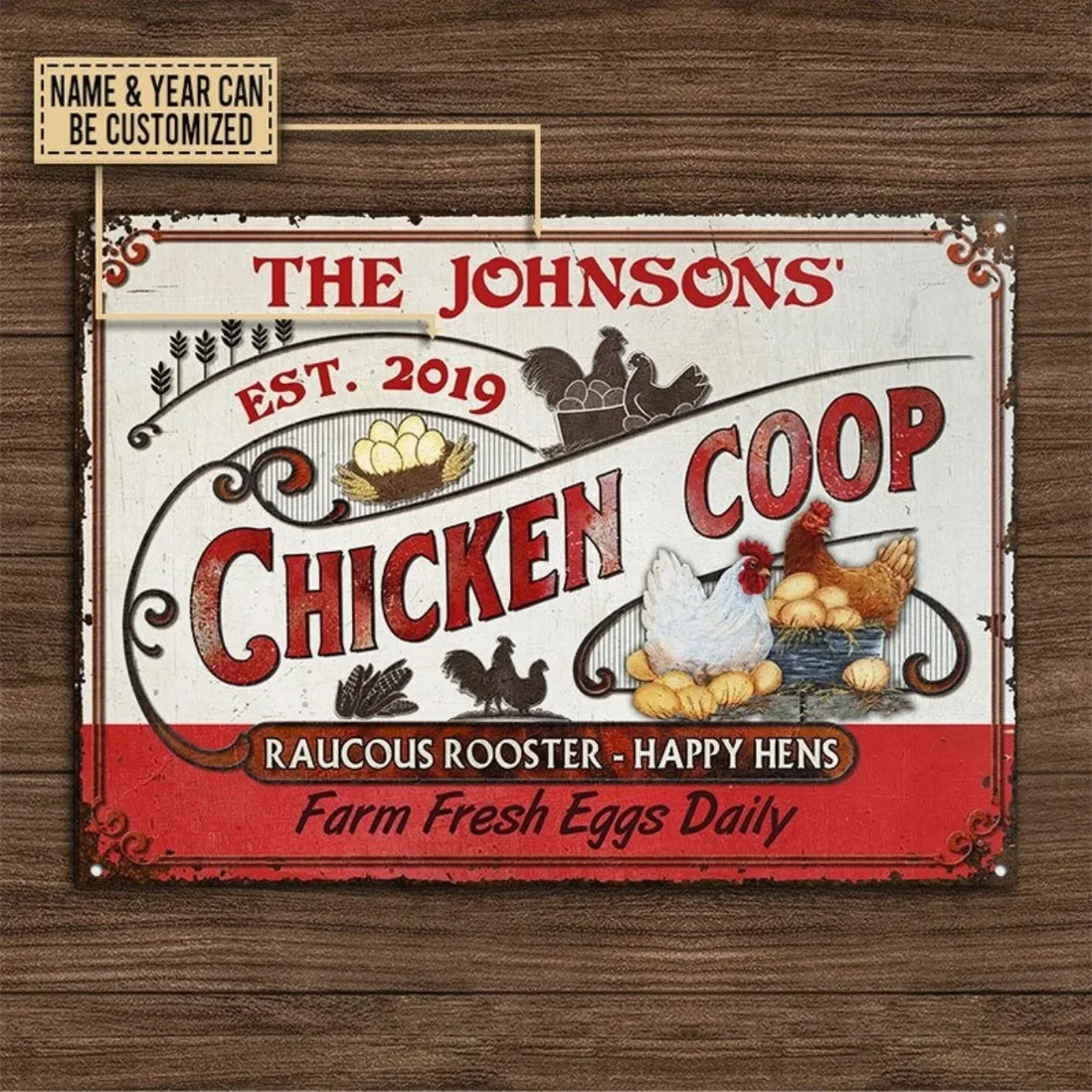 Customizable Chicken Coop Sign | Personalized Metal Farm Decor Plaque | Red White Classic Gift for Egg Lovers/Farmers