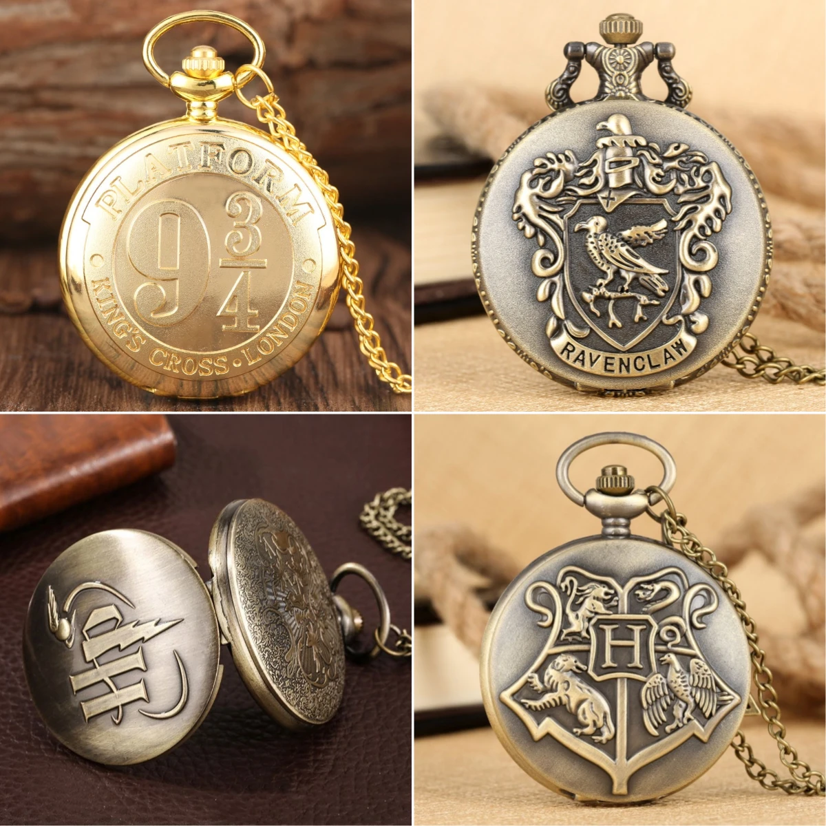 Reloj de bolsillo vintage de Harry Potter, con el escudo de la casa de Hogwarts, plataforma de 9 3/4, reloj colgante de cuarzo, ideal para cosplay, artículo de colección, collar, regalo.