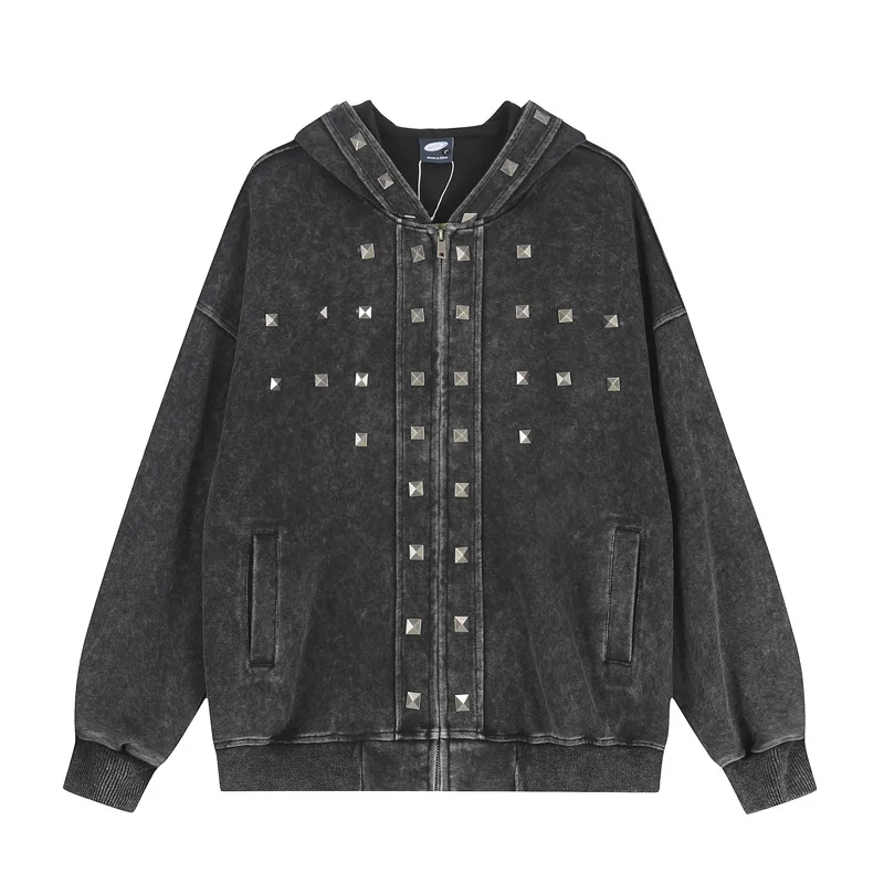 Men's Fashion High Street Loose Fit Hip Hop Hoodies With Rivets Streetwear Retro Rock Sweatshirt Washed Vintage Outerwear
