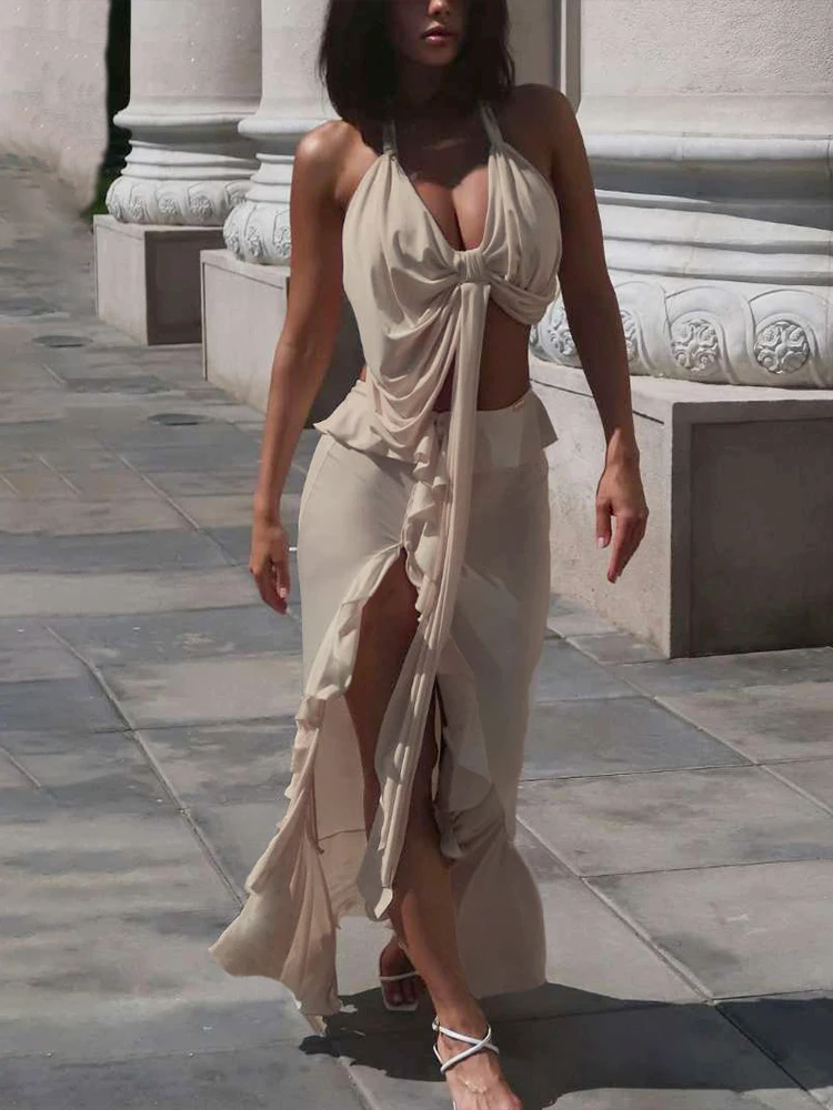 

Weird Puss Summer 2 Piece Set Women New Trend Halter Irregular Camisole+Peach Buttocks Ruffles Split Maxi Skirts Matching Suits