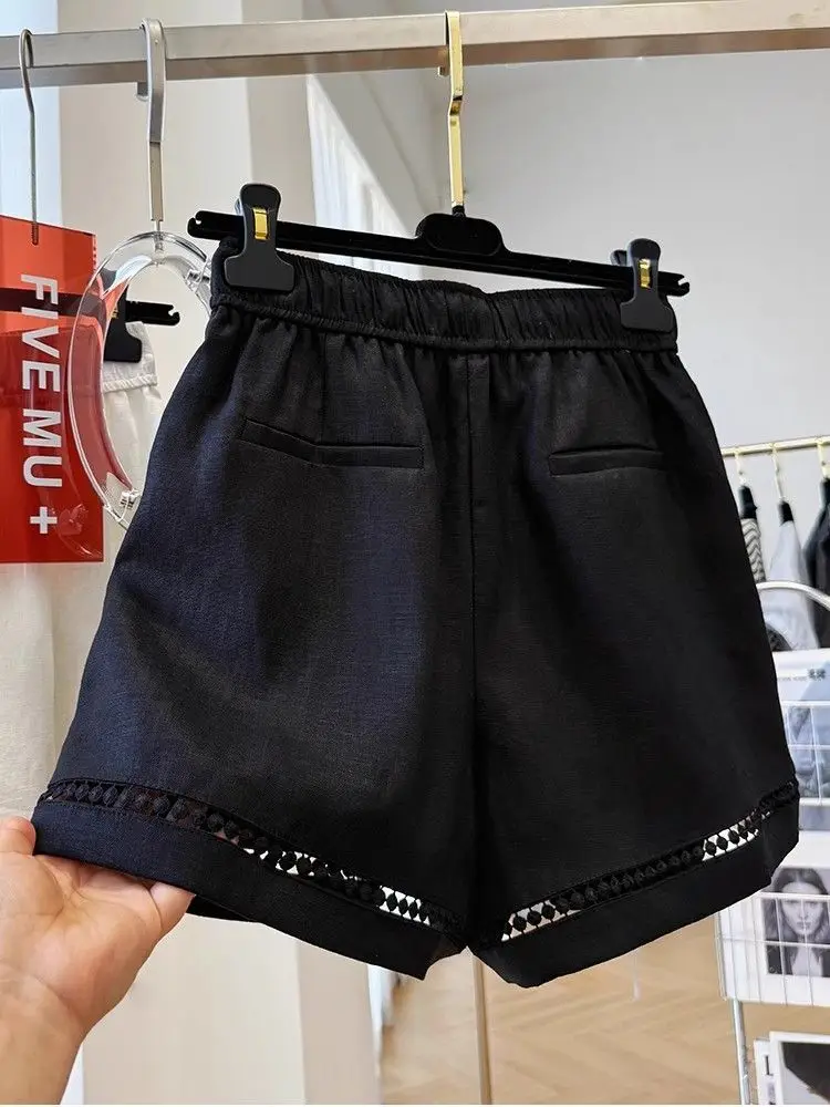 Women's Summer New Loose Drawstring Elastic Waist Lace Patchwork Palazzo Shorts