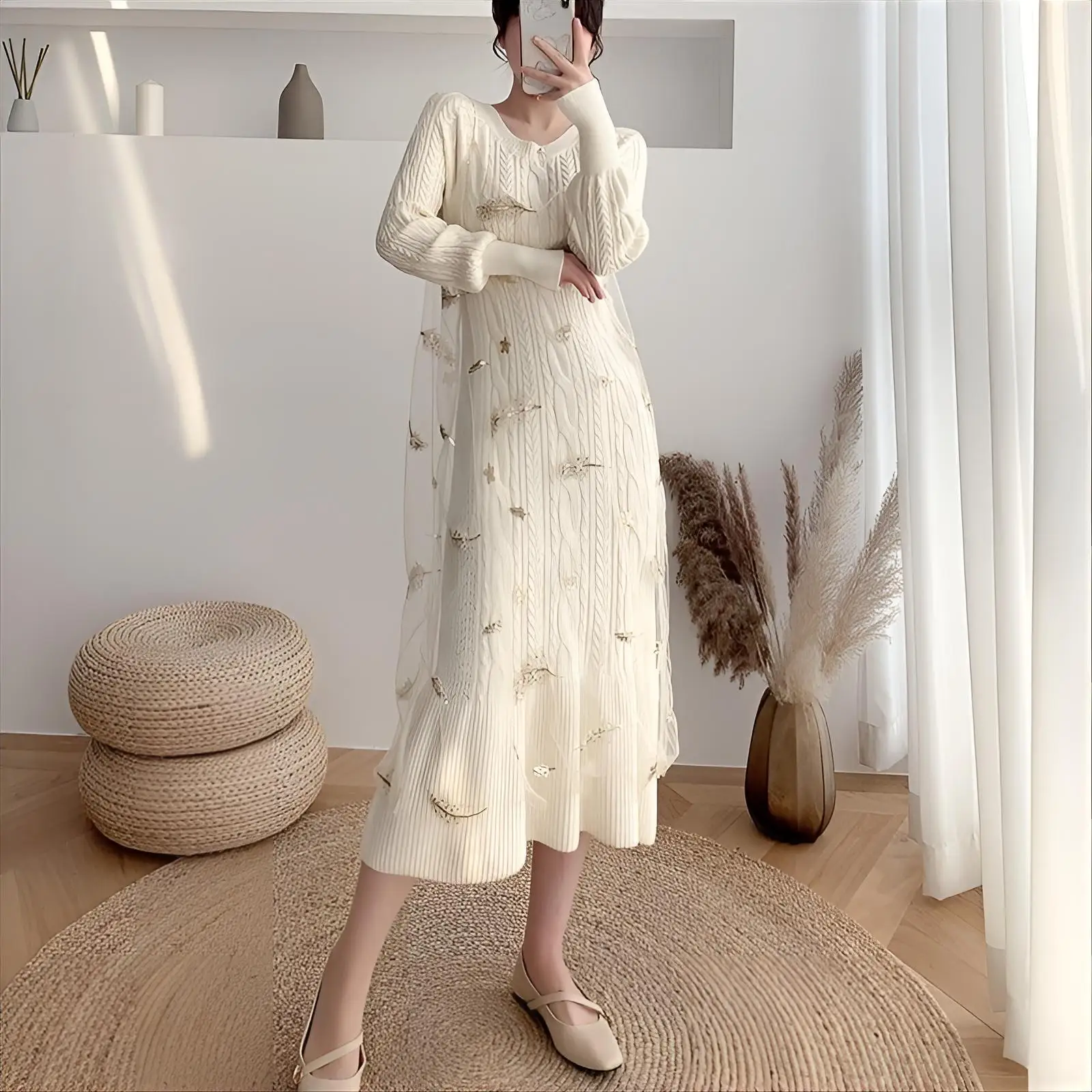 

Knee Length Pullovers For Woman Sweaters Jumpers Women Fashion Seven-Quarter Boxy Office Girly Vintage Polka-Dot Lapel Block Ins