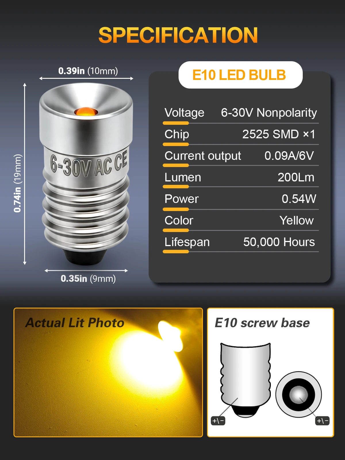 Mini E10 LED Torch Bulb AC 6-30V Low Power 200Lm Replacement For Maglite Flashlight Headlamp Camping Lantern Work Light 2Pcs view 6