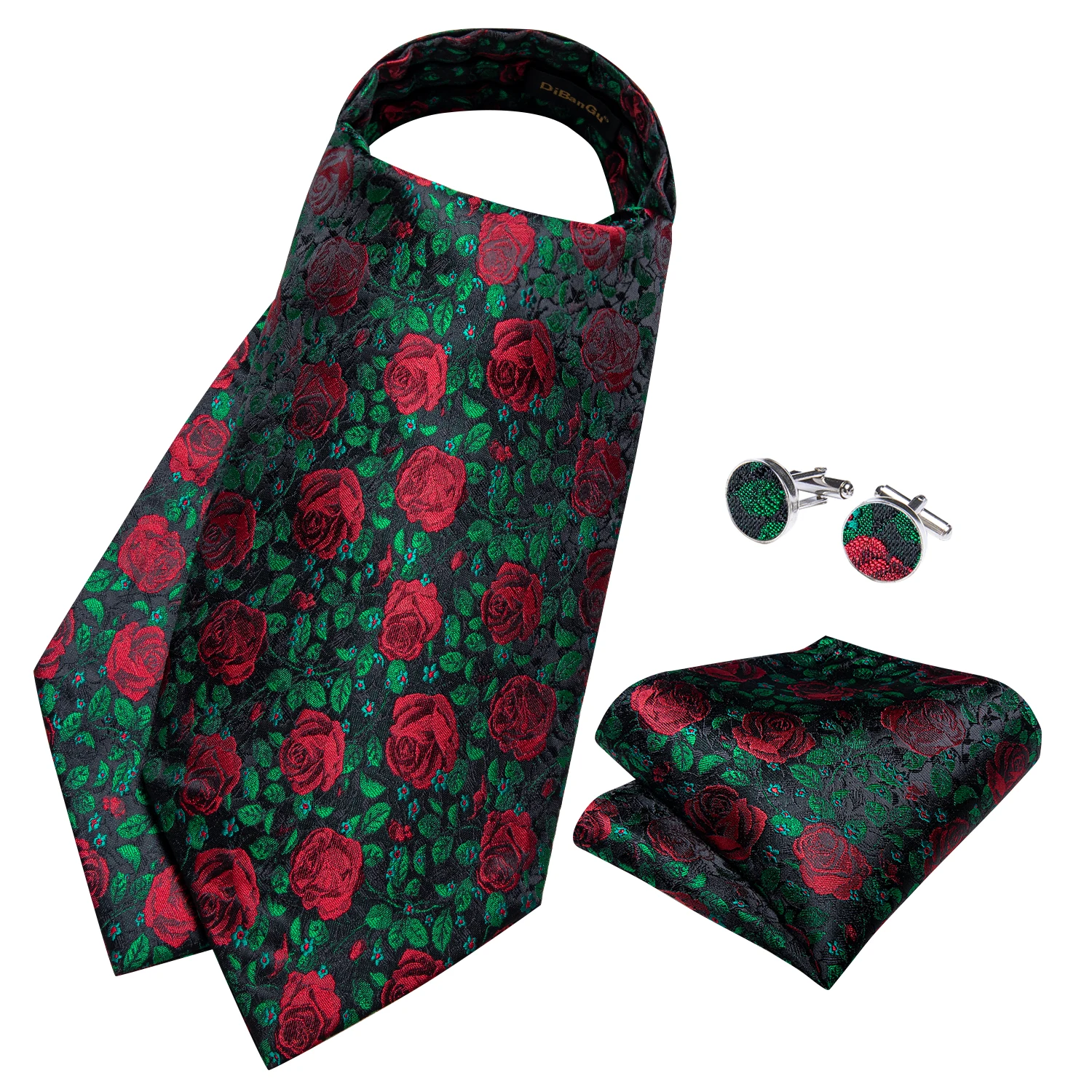 Green Silk Men\'s Ascot Red Rose Pattern Luxury Pocket Square Cufflinks Fashion Business Wedding British Cravat Party Tie for Man