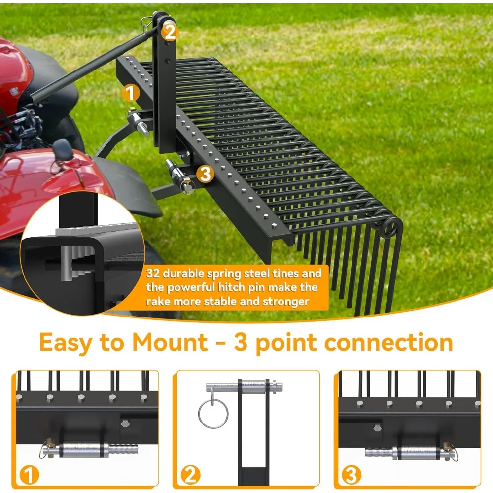 72 Steel Pine Straw Rake 32 Durable Springs Landscape Tractor Rake Attachments Powder Coated 3 Point Quick Hitch for T