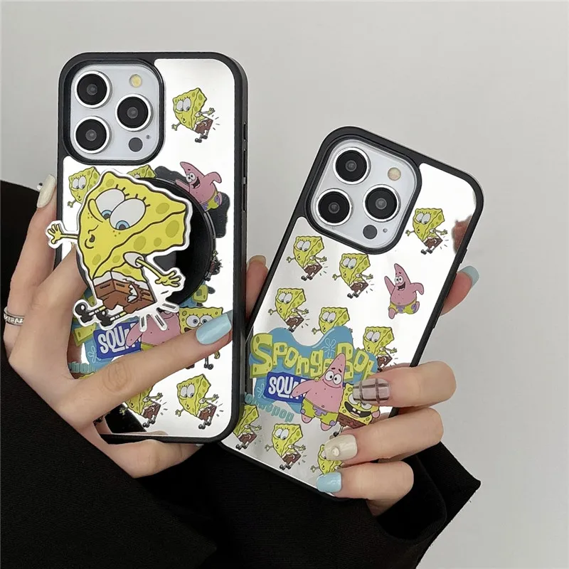 Capa de telefone com suporte magnético para iPhone, suporte magnético dos desenhos animados 3D, carregamento sem fio, espelho luxuoso, Bob Esponja, Magsafe, bonito, 13, 12, 14, 15 Pro Max