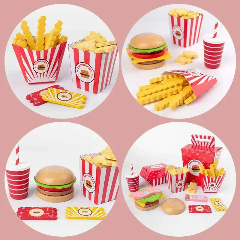 Kids Kitchen Cooking game Pretend Play toy Simulation Wooden Hamburger French fries Coke Fast Food Sets Burger Set kids gift