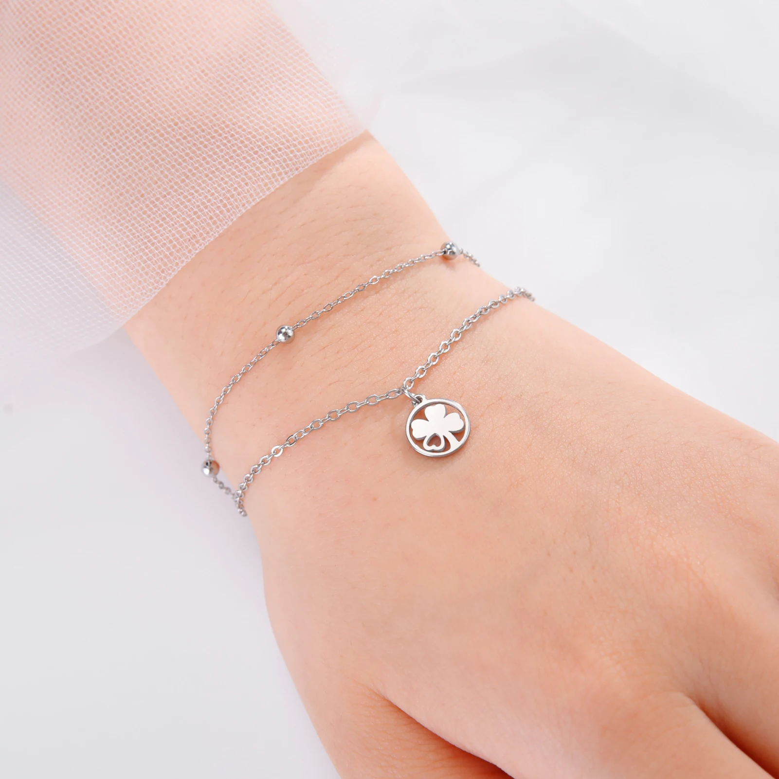 Cazador Four Leaf Clover Bracelet for Women Stainless Steel Lucky Jewelry Double Chain Bracelet on Hand Birthday Gift 2024 New