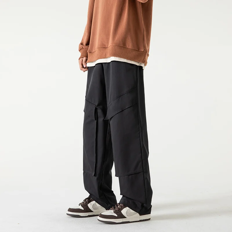 

Spring Oversize Men Casual Pants Wide Leg Long Straight Trousers Knee Big Pocket Drawstring Loose Baggy Black Khaki Pant Man