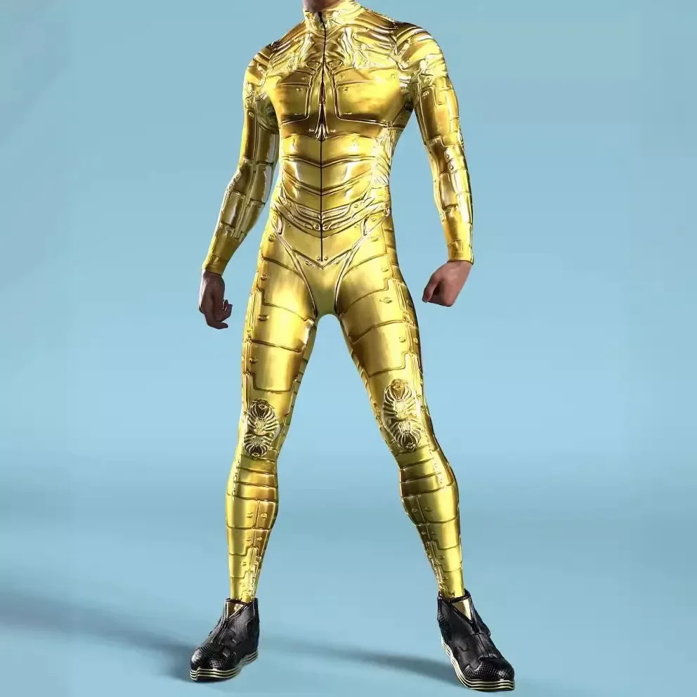 Zawaland Gelber futuristischer Mecha-Cosplay-Overall, Halloween-Männer, Rüstungskostüm, elastischer Ganzkörper-Body, Show-Party, Zentai-Catsuits