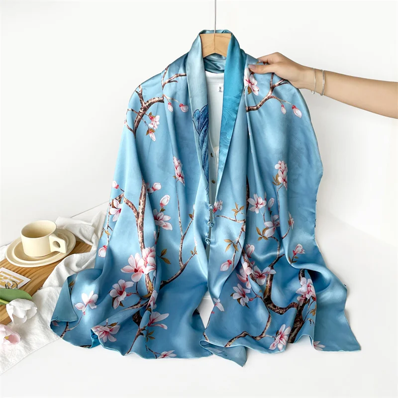 100% وشاح حريري المرأة المطبوعة الحرير التفاف طويل 170x51 سنتيمتر الربيع الصيف السيدات مزدوجة الطبقات الصينية الفاخرة شال وشاح حريري #2