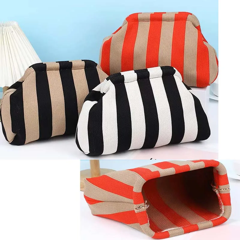 Women Woven Crochet Handbags Ruched Cute Cloud Bags Summer Beach Clutch Bag Large Capacity Casual Colorblock Storage Make Up Bag