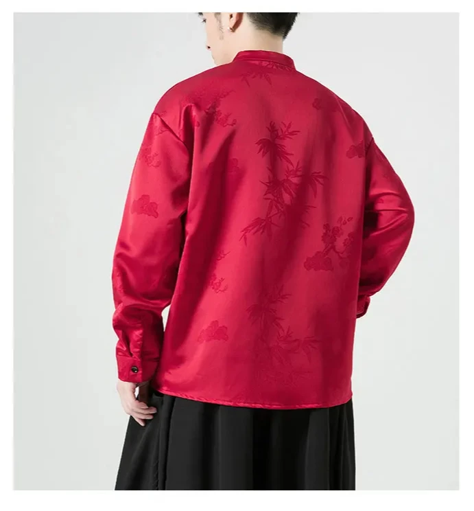 2025 Spring Men Red Shirts Men Modern Shirts Chinese Style Vintage Tang Suit Shirt Kung Fu Coat Traditional Clothing Hanfu