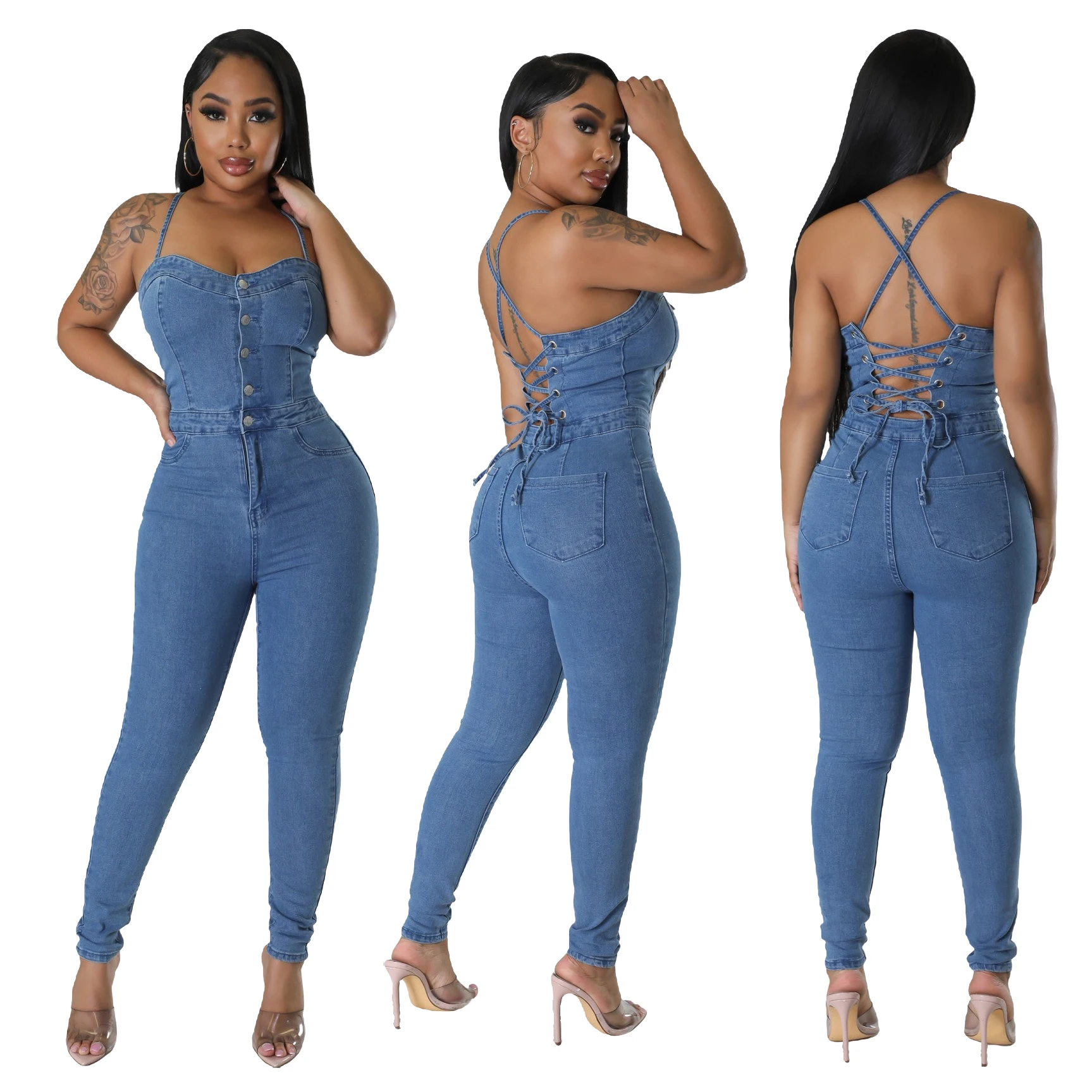 Denim Stretch Jumpsuit Sexy Women Halter Bodycon Backless Blue Jeans Casual Overalls Rompers