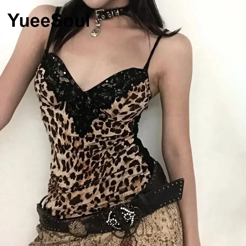 ليوبارد مثير المحاصيل القمم أكمام الخامس الرقبة سليم تانك القمم 2025 صيف جديد 2000s Y2K خمر شارع العليا كاميس ملابس امرأة