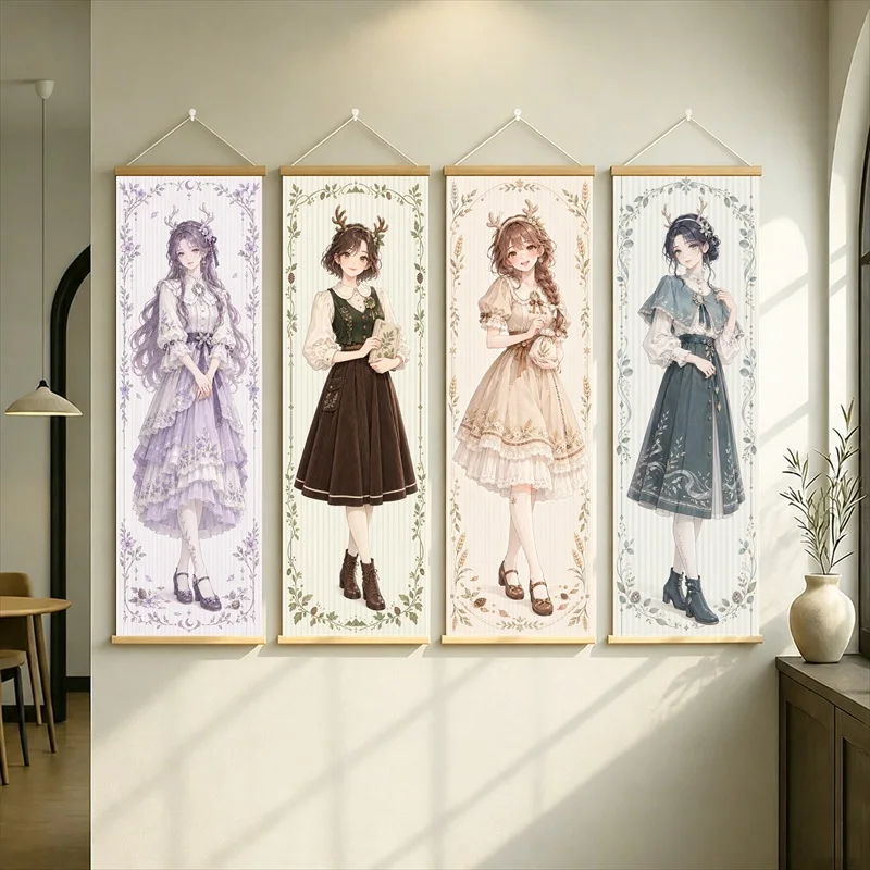 Anime Women in Lavender, Brown, Cream and Teal Dresses Hanging Scroll in an Ornate Floral Illustration Style for a Bedroom