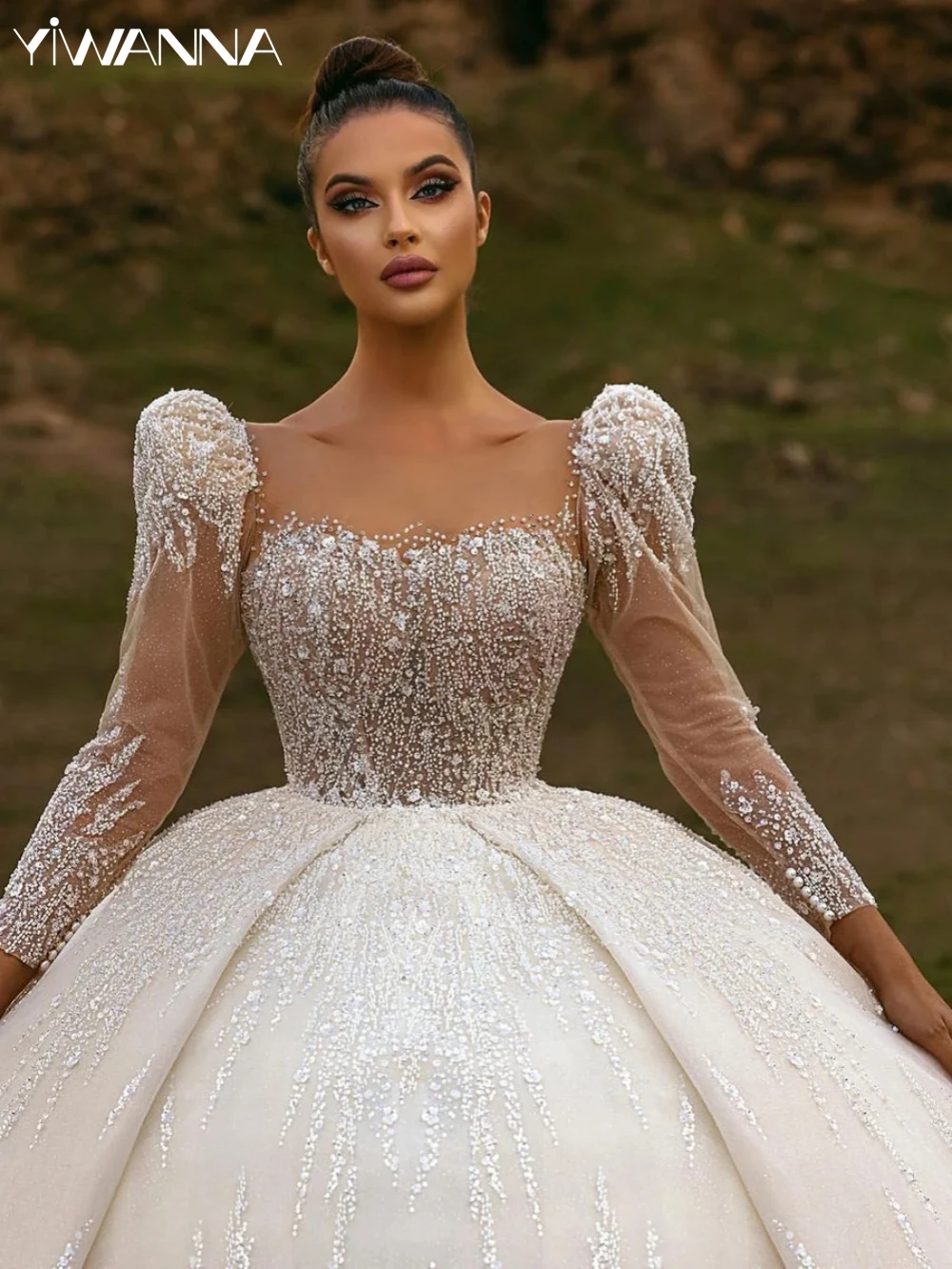 Modest O-neck Puff Sleeve Bride Dress 2025 Sequined Beads Wedding Gown Luxury Ball Gown Bride Robe Customized Vestido De Novia