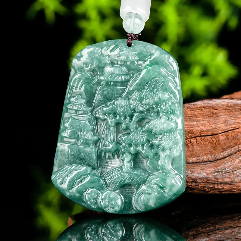 

Burmese Jadeite Landscape Pendant Blue Amulet Jade Gifts for Women Jewelry Carved Men Amulets Fashion Natural Pendants Necklace