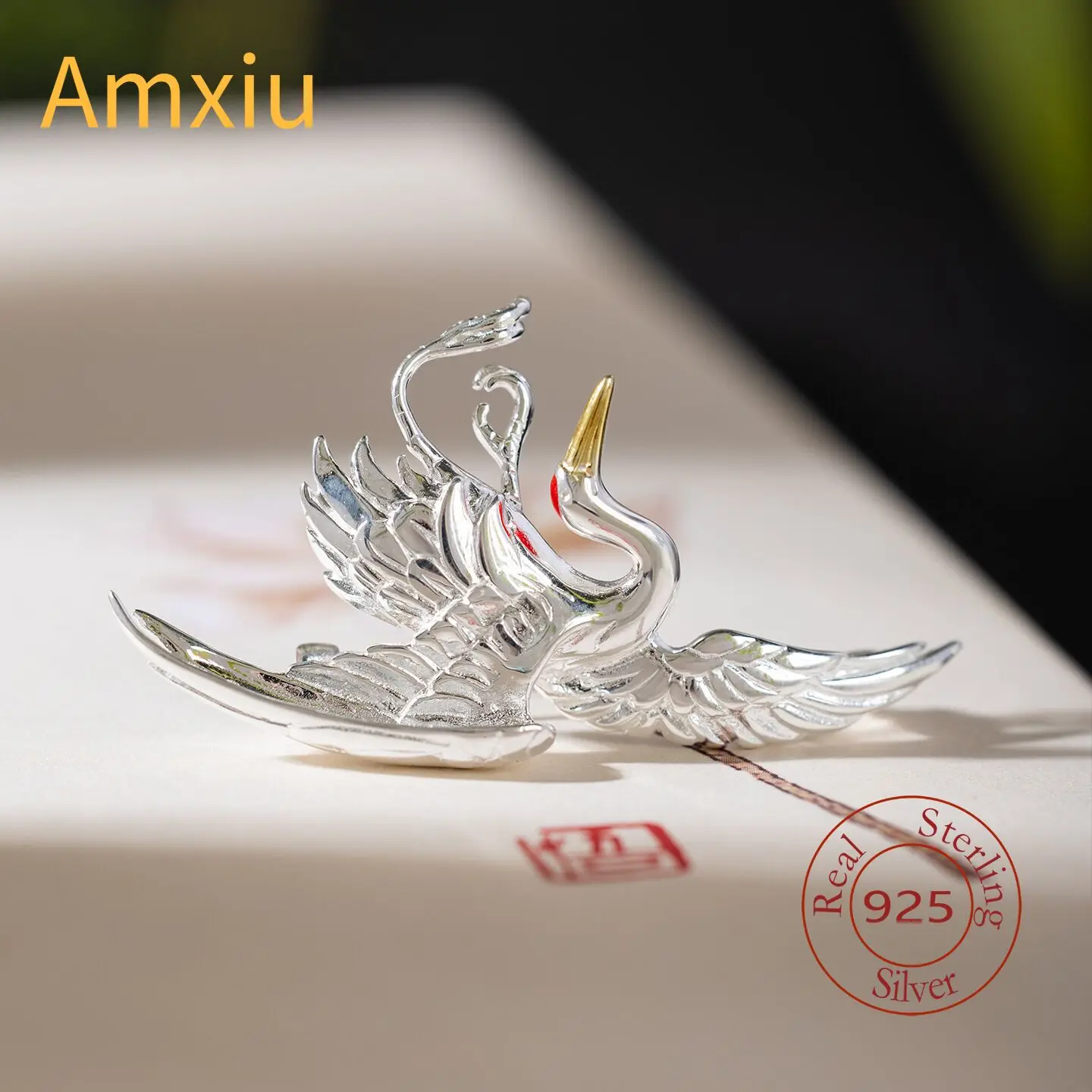 Amxiu Sterling S925 Silver Design Creative Ethnic Style Flying Crane Brooch Personality Fashion Lapel Pin Clothing Accessories