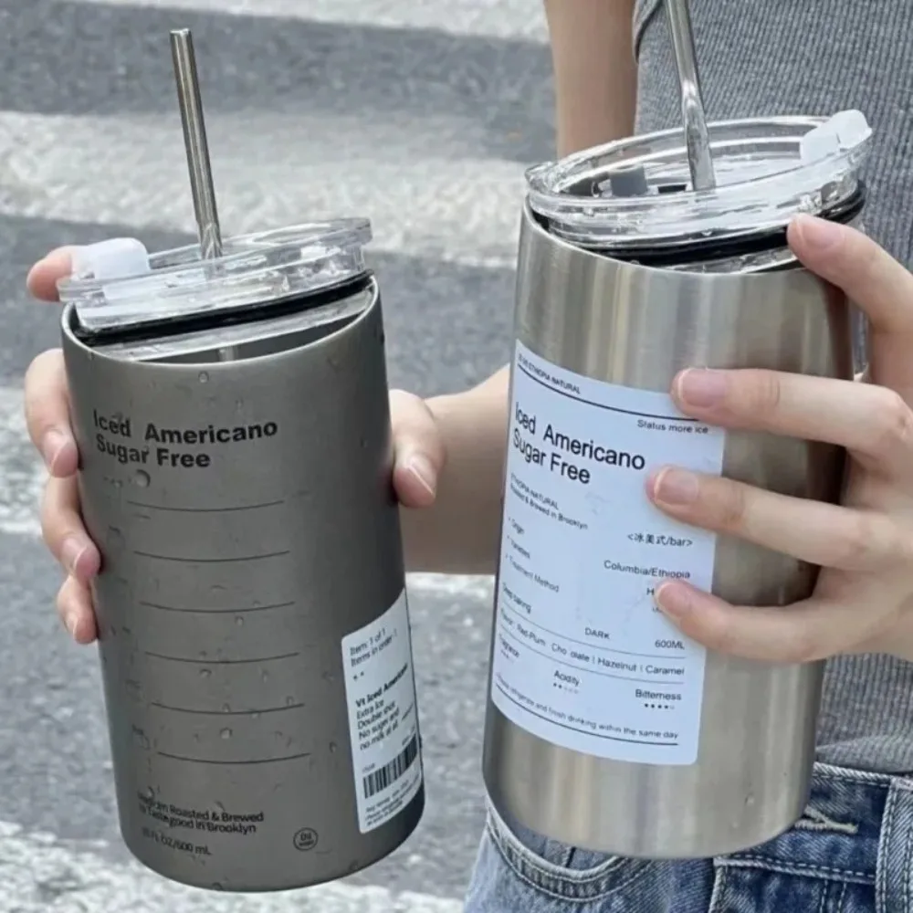 320/600ml 304 Stainless Steel Iced Americano Coffee Cup, Minimalist Metal Tumbler with Clear Lid & Metal Straw