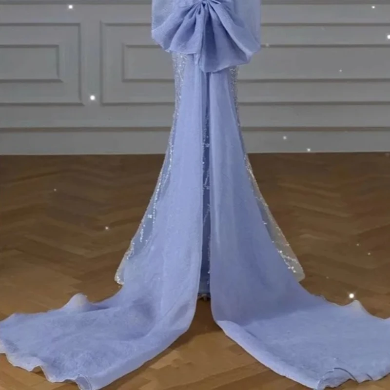 Vestido alto feminino fora do ombro azul vestido de noite luz luxo nicho sereia lantejoulas anfitrião elegante festa