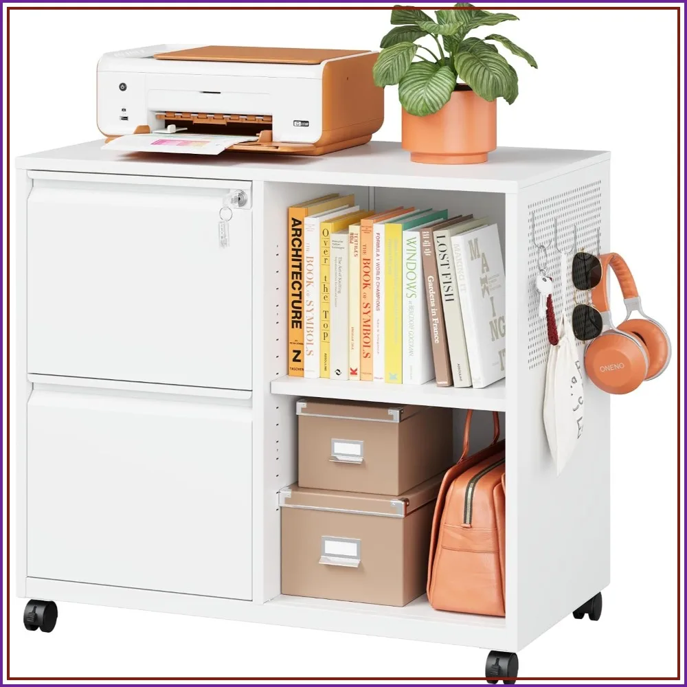 Metal 2 Drawer File Cabinet with Hook, Lockable Rolling Filing Cabinet for Letter A4 Legal, White