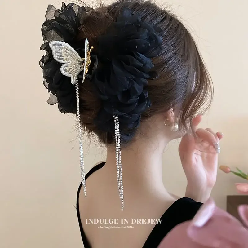 New Chinese Style Women Butterfly Hair Clip Female Back Spoon Hair Claw Girls High-end Summer Sky Ribbon Tassel Hair Accessories