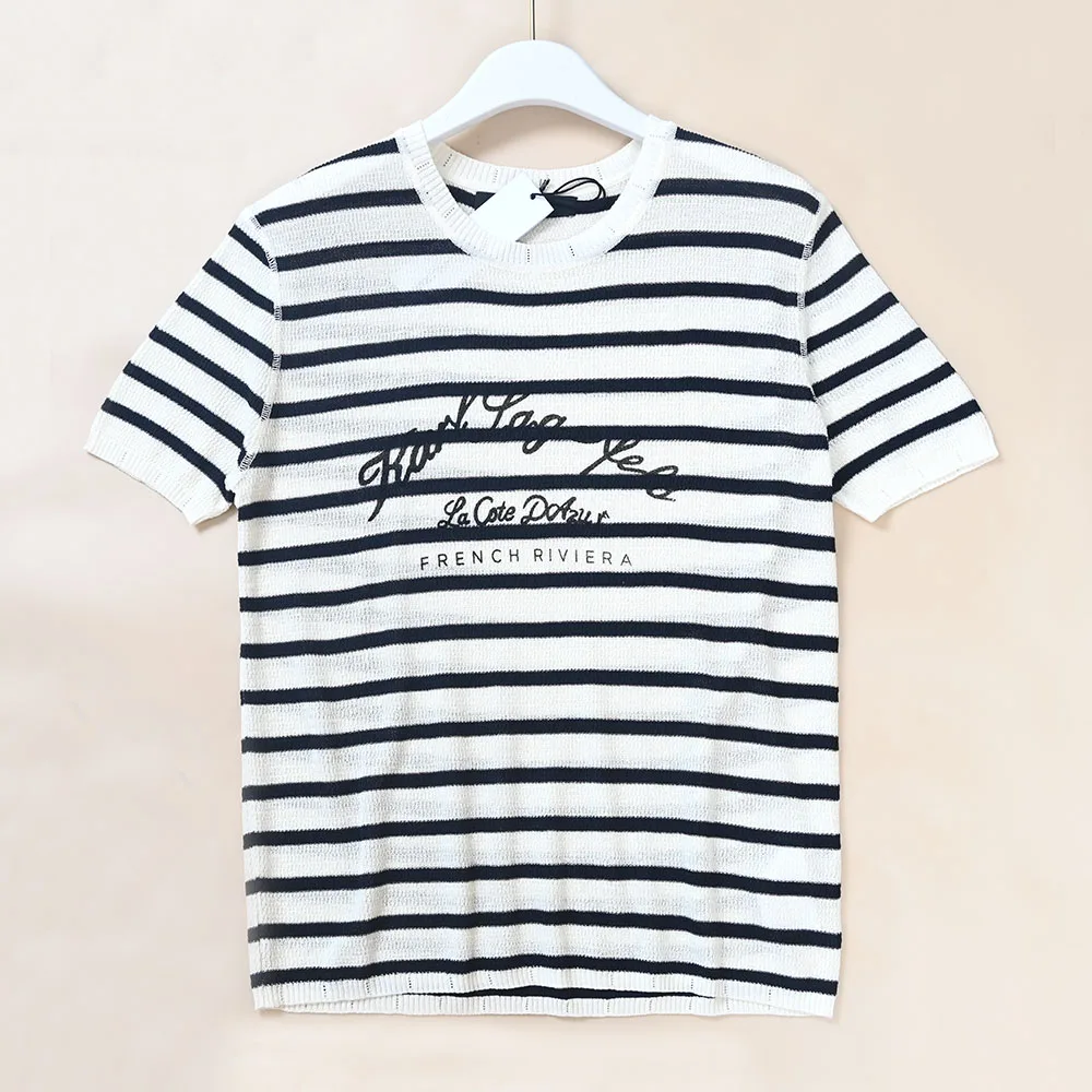 

Summer New Style Thin Printed Letter round Neck Short Sleeve Striped Knitted Shirt American Style Women's Premium Fashion Top