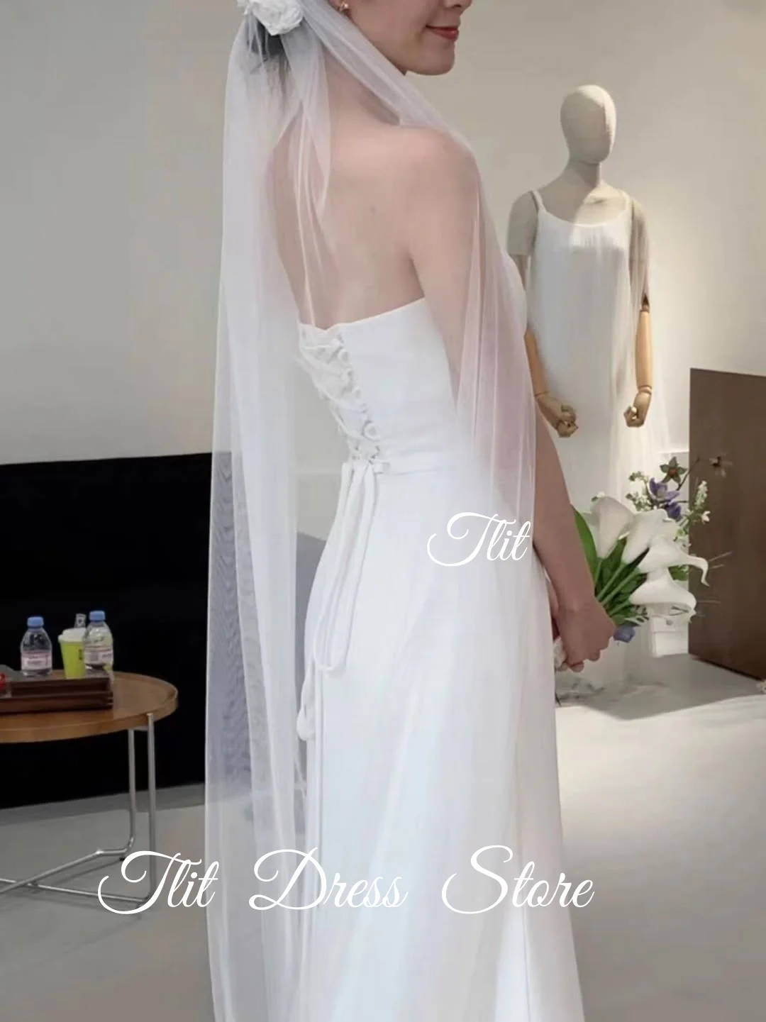 TLIT فستان زفاف أنيق من الساتان الأبيض المطاطي على شكل حرف a مخصص بدون حمالات مشد فستان زفاف كوري فستان الزفاف صور تبادل لاطلاق النار