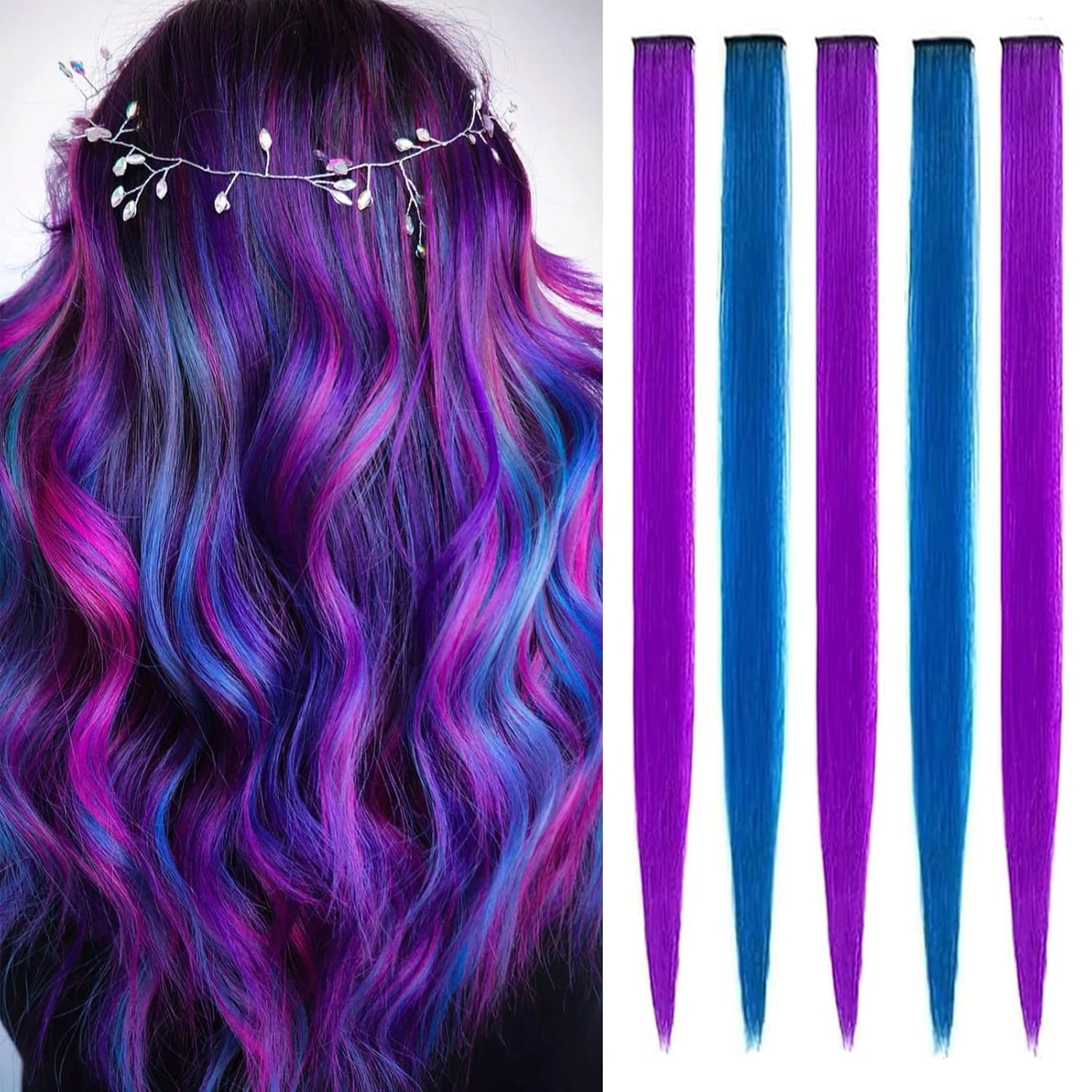 5Pcs Colored Synthetic Hair Extensions Rainbow Party Highlights Clip in  Hair Extension,  for Christmas Girl Women Gift