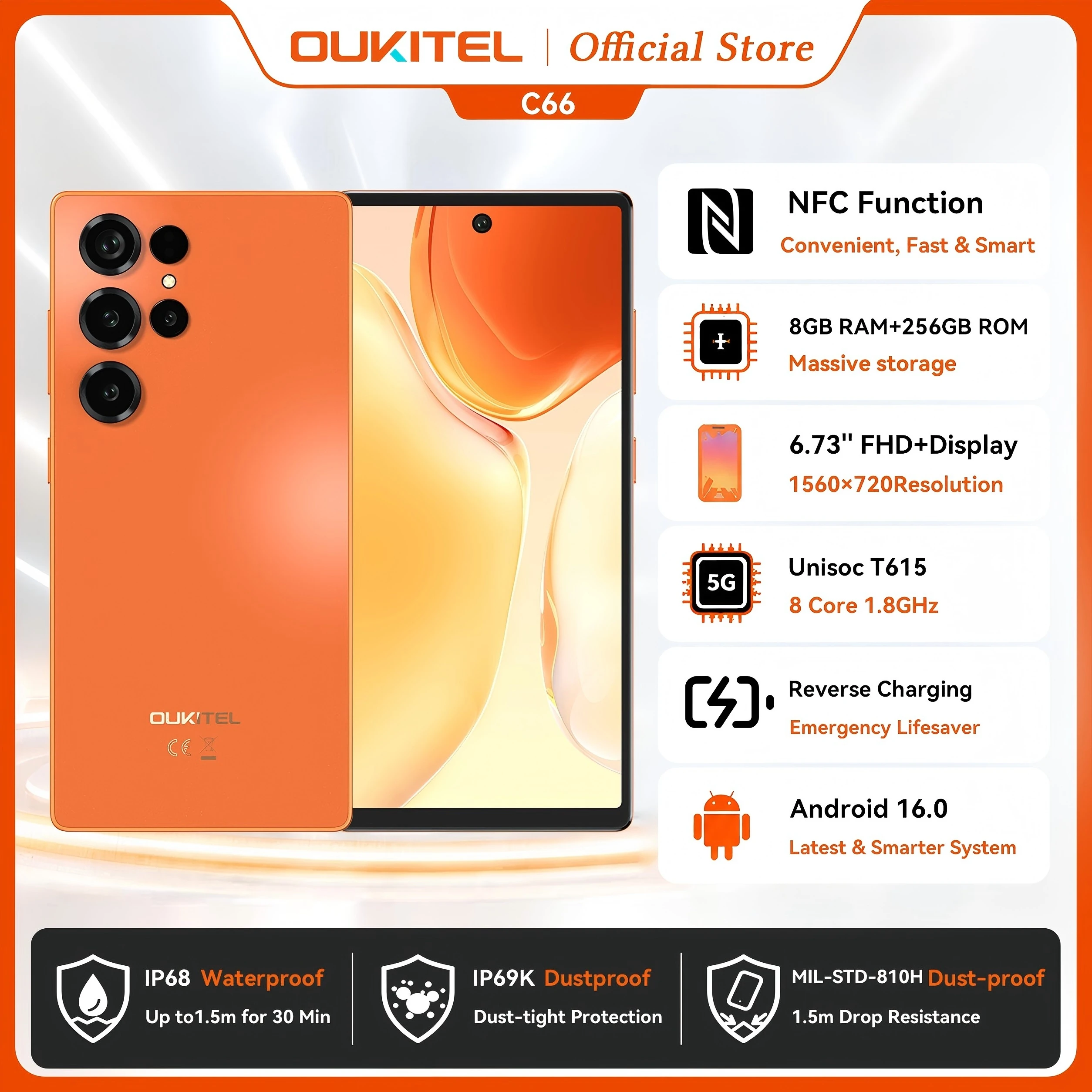 OUKITEL C66 Smartphone Android 16 Phone, 6.73” HD+ 24GB(8+16)+256GB, 5150mAh Dual 4G NFC Cellphone, 120Hz, 64MP Main Camera
