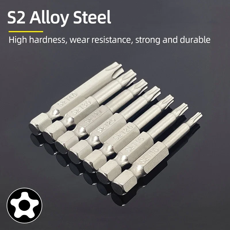 5/7 Pcs 5 Point Torx Screwdriver Bits 50mm S2 Magnetic Star Screw Driver 1/4" Hex Shank T10 T15 T20 T25 T27 T30 T40