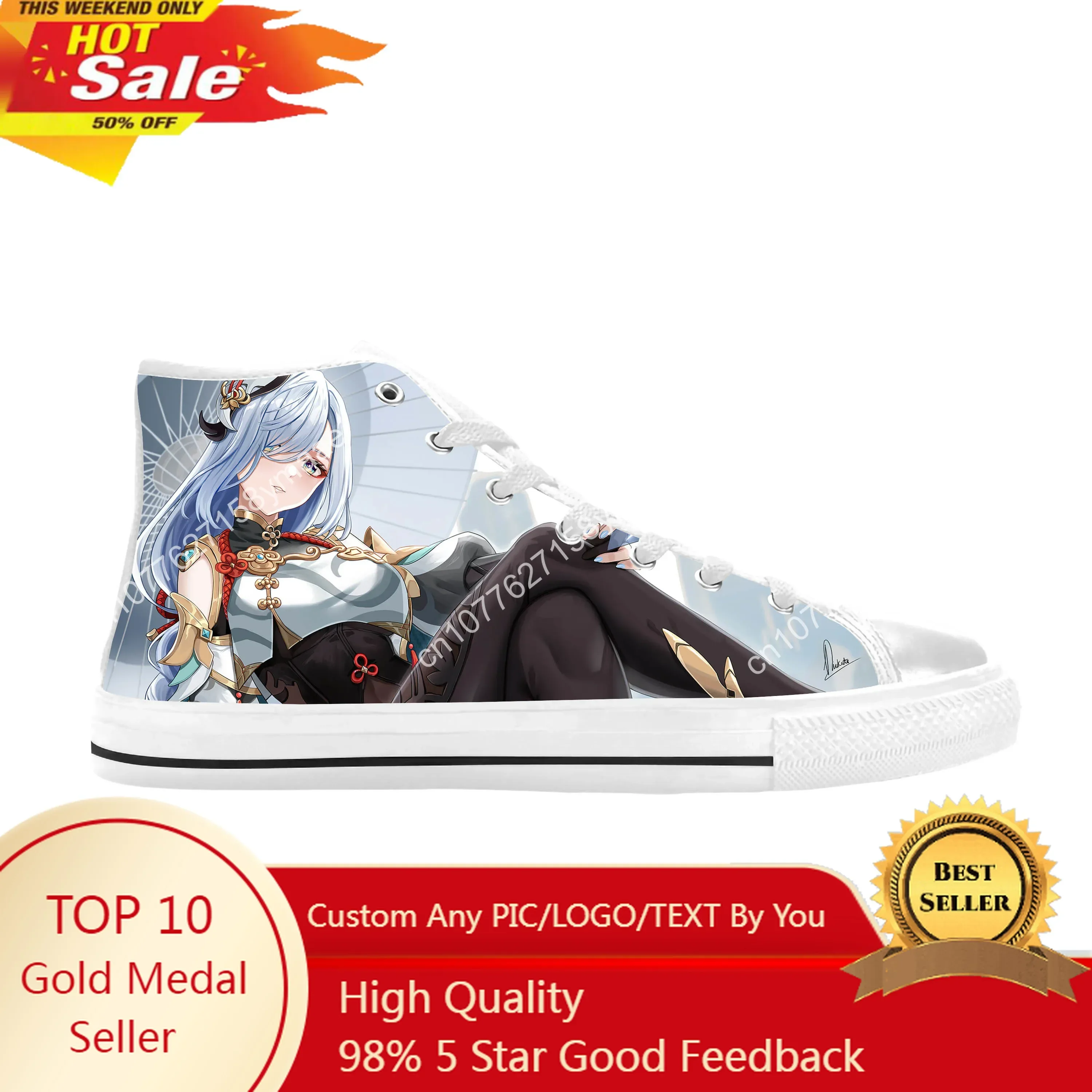 Anime Manga Cartoon Game Genshin Impact Shenhe Casual Cloth Shoes High Top Comfortable Breathable 3D Print Men Women Sneakers