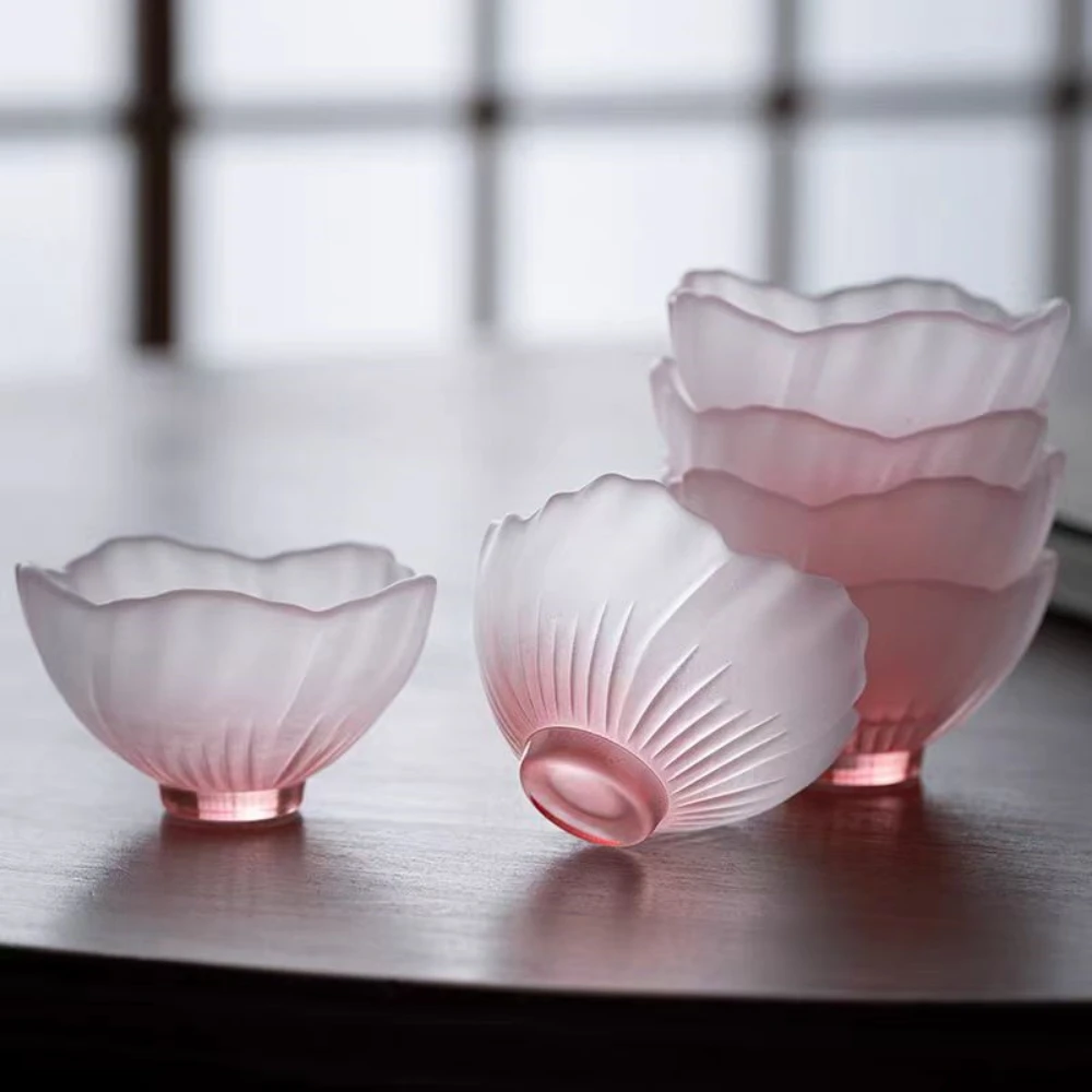 4 Pieces Glazed Glass Frosted Pink Sakura Japanese Teacup, Pink Glazed Lady, Household Flower Teacup, Tea Cup, Petal  Cup