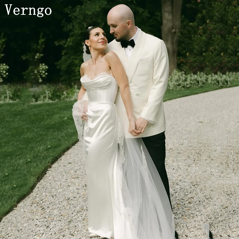 Verngo Prosta Satynowa Klasyczna Suknia Ślubna Dekolt w Serek Syrena Maxi Suknie Ślubne Damskie Suknie Ślubne do Sesji Zdjęciowych Suknia Ślubna vestido de noiva