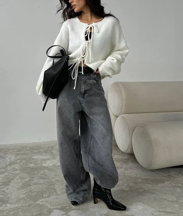 Sweater Wanita Warna Solid dengan Tali Ikat Pita, Gaya Santai, Cardigan Lengan Panjang untuk Musim Gugur dan Musim Dingin, Gaya Wanita