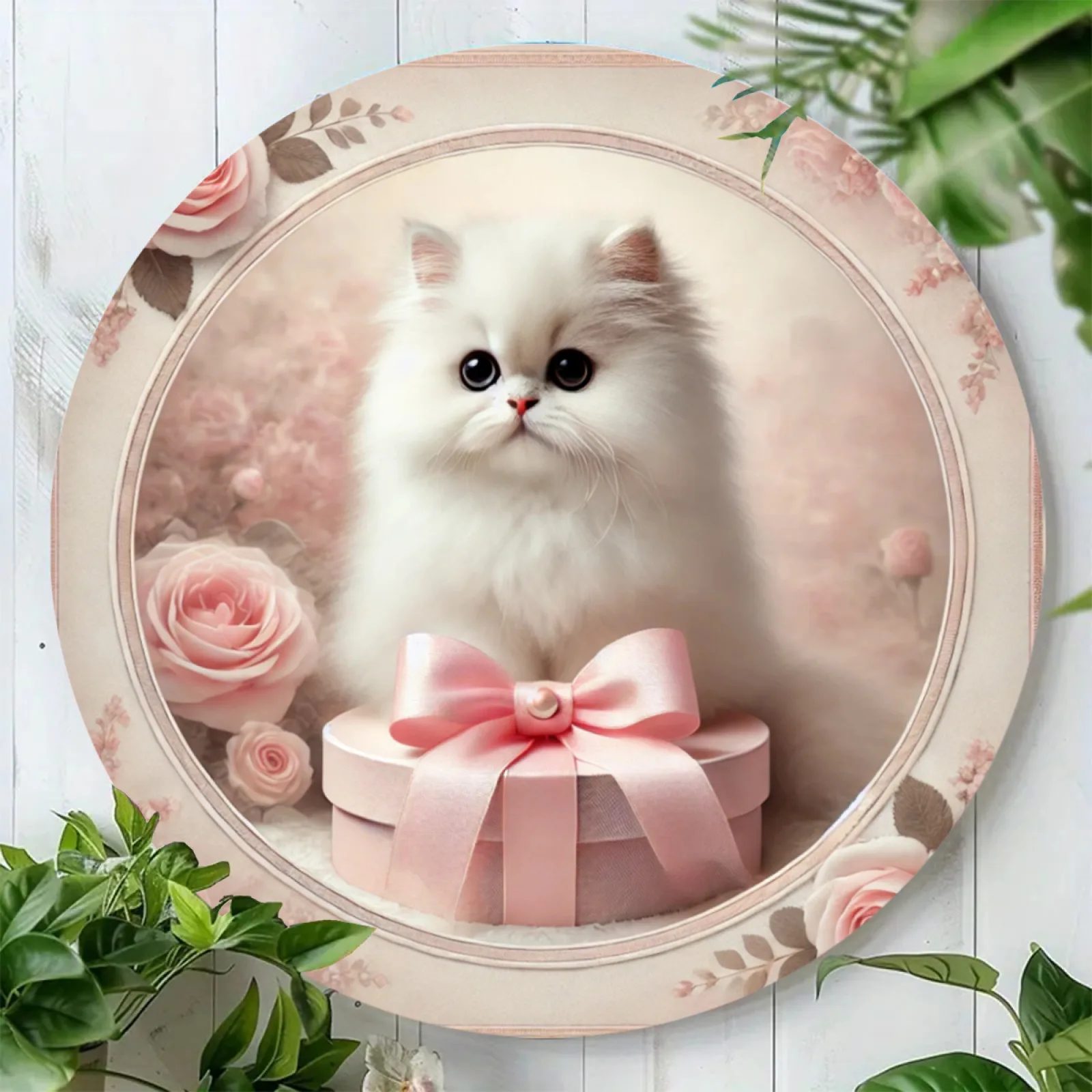 Raumdekoration, 1 Stück, weiße persische Katze mit rosa Box und Blumen, runde Aluminium-Wandkunst, 7,8 x 7,8 Zoll, langlebiges Metallschild für Zuhause, Büro