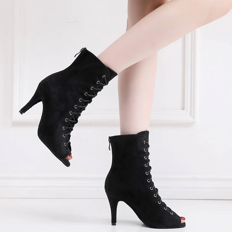 Woman Black Flannel Dance High Heels Shoes for Girls Lace Up  Ballroom Salsa Dance Shoes Woman Suede Rubber Bottom Dance Boots