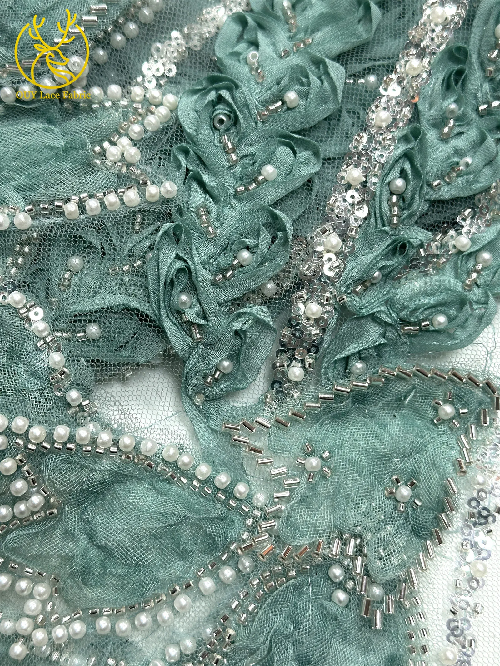 Französischer Luxus 3D-bestickter Perlen-Spitzenstoff, 5 Yards, eleganter afrikanischer nigerianischer Pailletten-Spitzenstoff für Damen, Hochzeits- und Partykleid – Detail 14