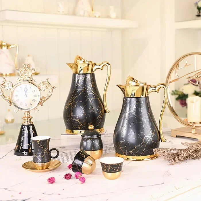 Black gold decor porcelain arabian kettle turkish dallah coffee pot jug cawa arabic tea cup set luxury tea set with gift box