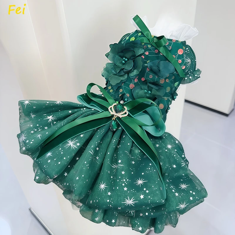 

Christmas Red Green Pet Dog Clothes 2025 Autumn Winter Handmade Print Flower Decor Party Princess Dresses For Small Medium Dog
