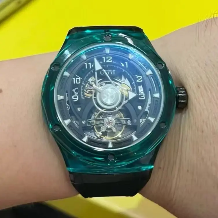 BONEST GATTI Men Automatic Watch 45mm Mechanical Wristwatch Acrylic Case Sapphire Mirror Luminous Skeleton Dial FKM Strap
