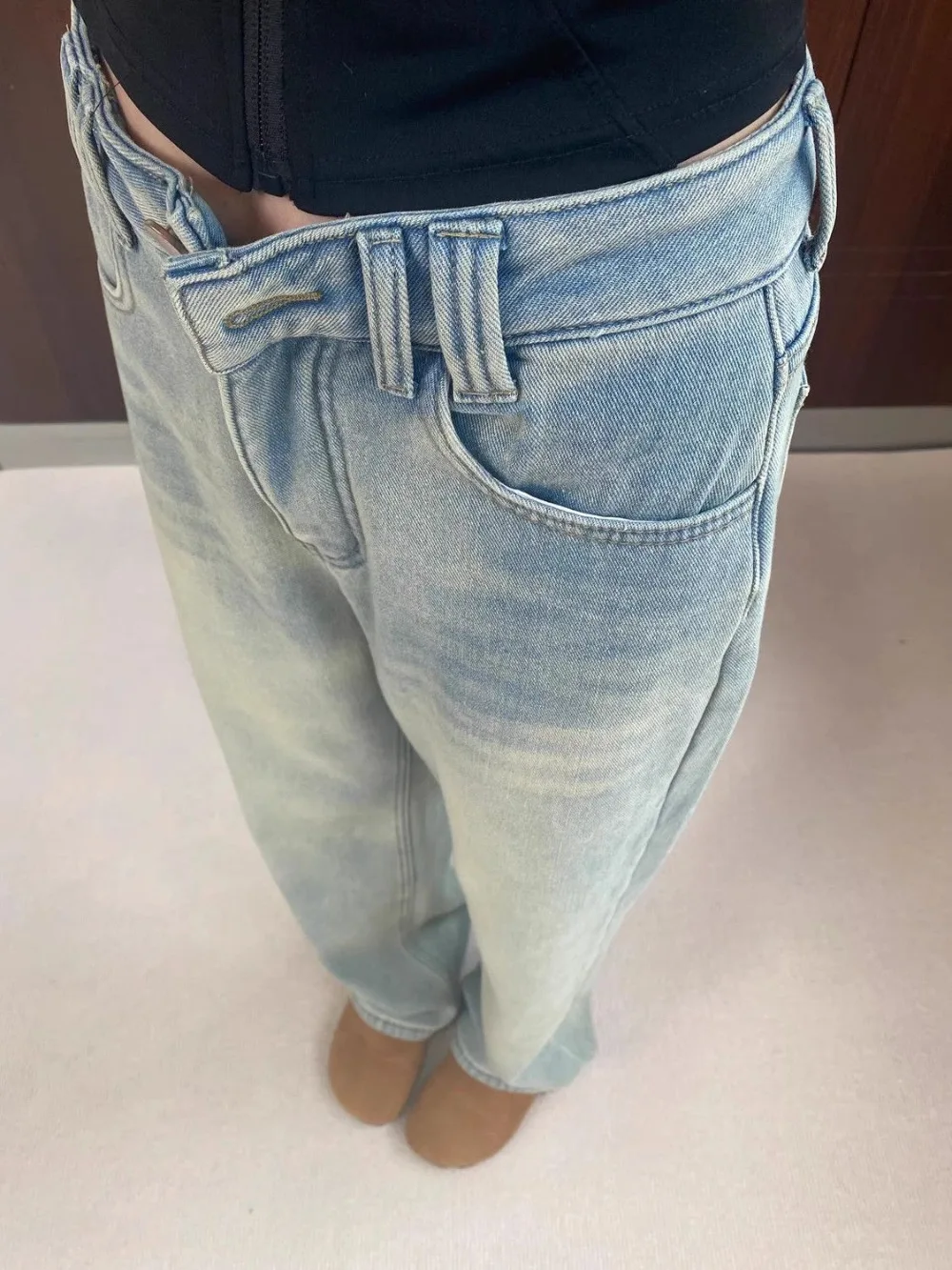 Verdikte fleece wijde pijpen jeans dames hoge taille rechte snit skinny retro blauwe vloerlengte broek veelzijdige casual denim broek