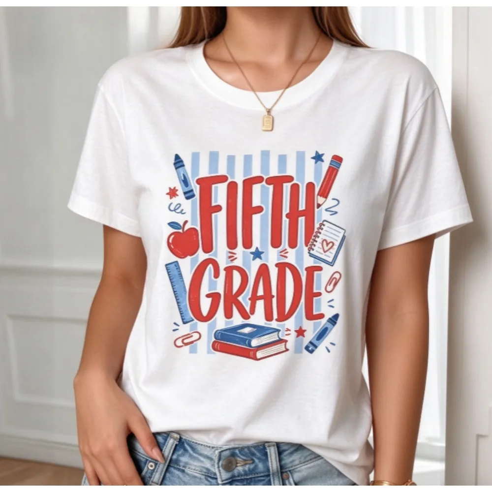Fifth Grade Teacher Print Women Cotton T-Shirt Casual Crew Neck Short Sleeve Back To School Gift Tops