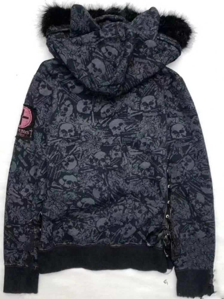 Y2k الجمالية القوطية الجمجمة طباعة هوديس جاكيتات النساء خمر الجرونج الفراء المرقعة مقنعين سترة Harajuku سستة معطف الموضة