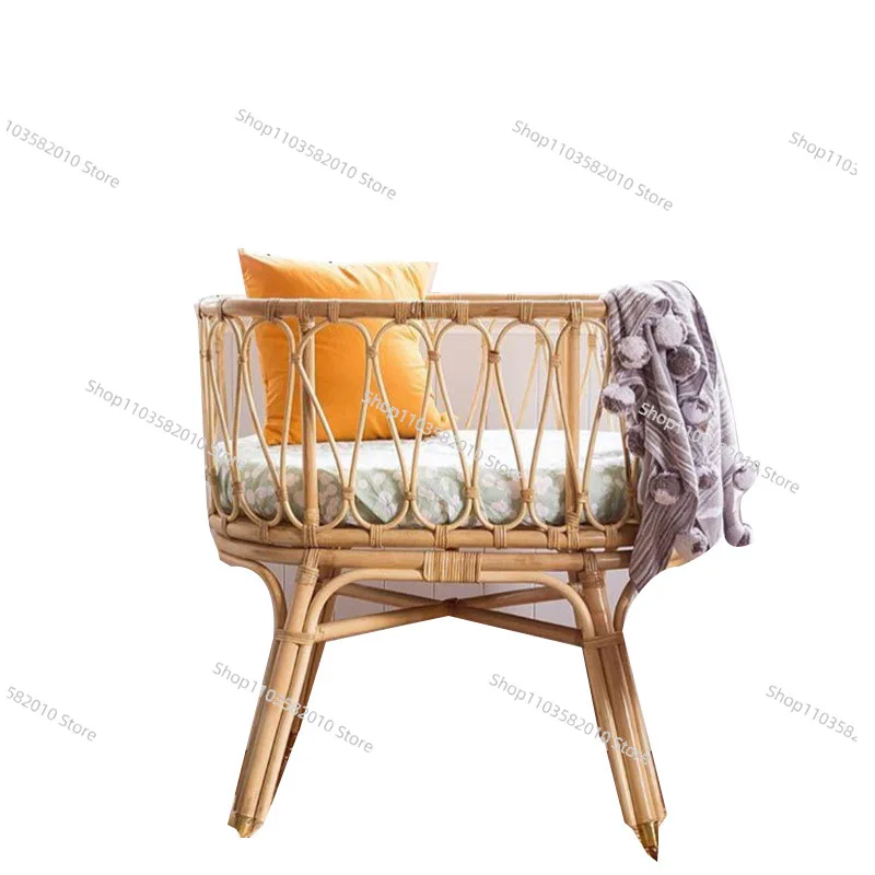 Real rattan children's bed Solid wood widened splicing bedside Baby bed with guardrail