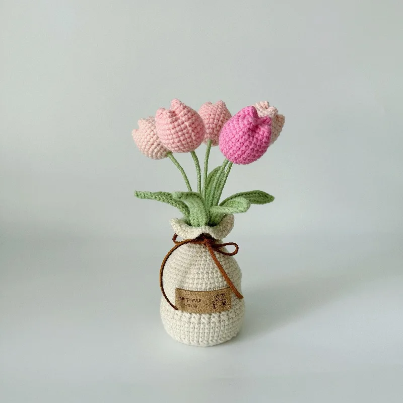 Handmade Wool Crochet Tulip Bouquet, Artificial Knitted Tulip Flowers, Home Tabletop Floral Decor